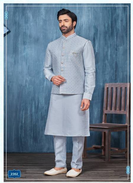 Blue Colour Designer Party Wear Art Banarasi Silk Mens Modi Jacket Kurta Pajama Wholesale Online 2362