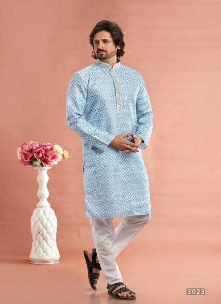 Blue Colour Function Mens Wear Printed Cotton Stright Kurta Pajama Suppliers In India 3023