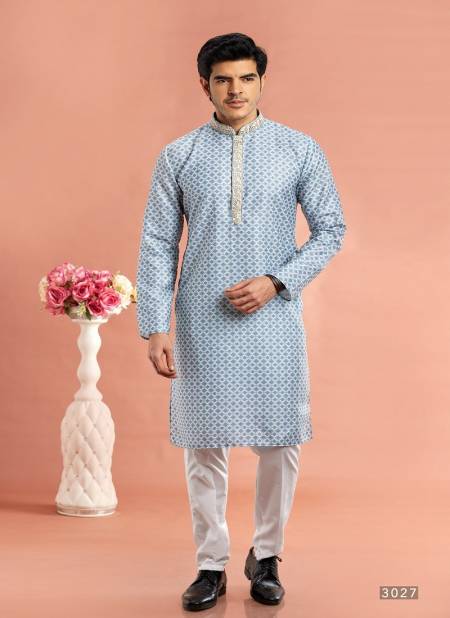 Blue Colour Function Mens Wear Printed Cotton Stright Kurta Pajama Suppliers In India 3027