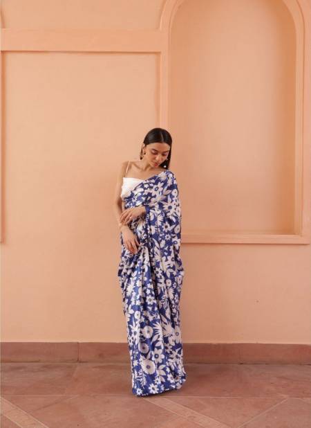 Blue Colour Gia By Fashion Berry Nylon Japan Satin Floral Printed Saree Exporters In India VP402