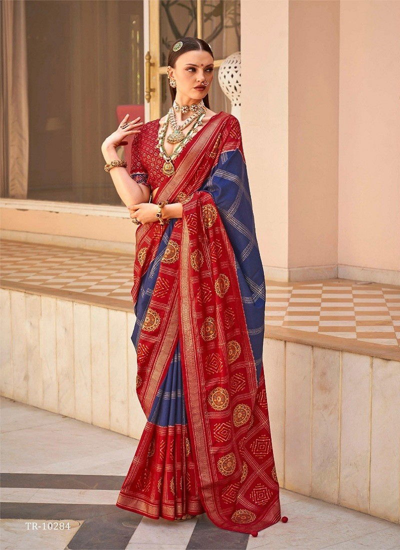 Blue Colour Gulaab Patola By Trirath P V Silk Foil Printed Weeding Wear Saree Wholesale Online TR-10284