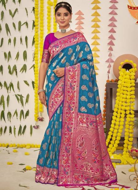 Blue Colour Gunjeshwari Silk Sangam Wedding Wear Wholesale Silk Sarees Catalog 3478