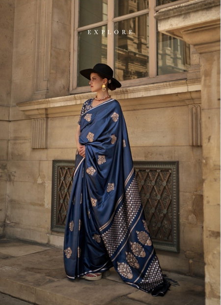 Blue Colour Kaizen Silk By Rajtex Pure Satin Handloom Weaving Sarees Wholesalers In Delhi 337004