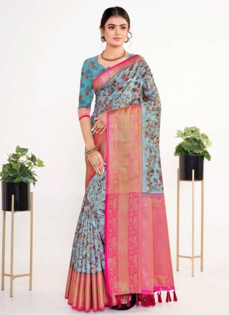Blue Colour Kalamkari Pattu Silk Wholesale Printed Saree Catalog 3003