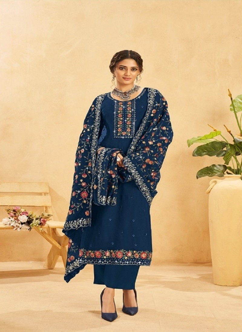 Blue Colour Kesariya By Radha Trendz Heavy Embroidery Georgette Bulk Salwar Kameez Orders In India 1143