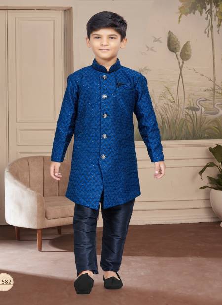 Blue Colour Kids Boys Wear Kurta Pajama And Indo Western Catalog K 582