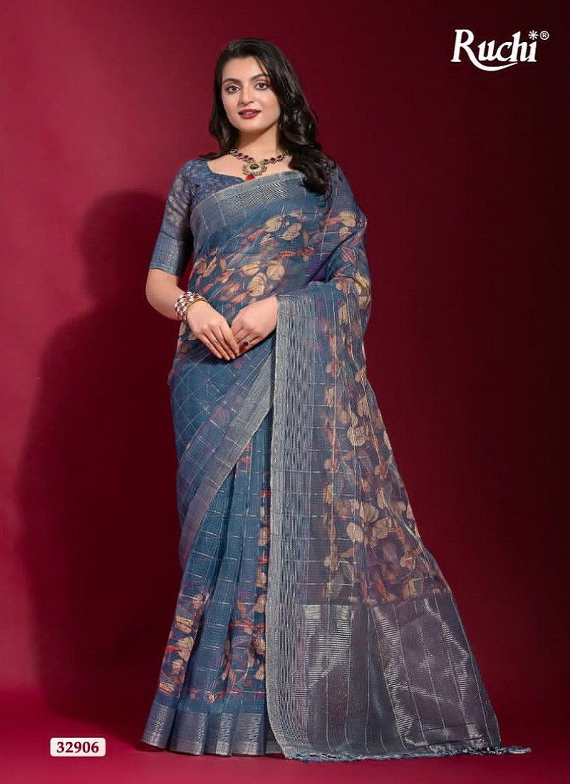 Blue Colour Krisha By Ruchi Linen Silk Printed Saree Wholesale Clothing Distributors In India 32906