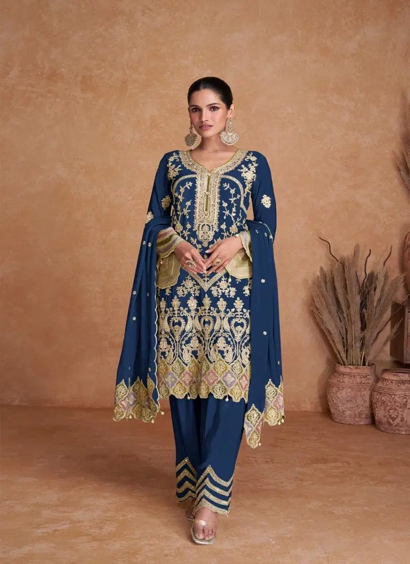 Blue Colour Liyana Vol 2 By Gulkayra Real Chinon Readymade Suits Suppliers In India 7416-J