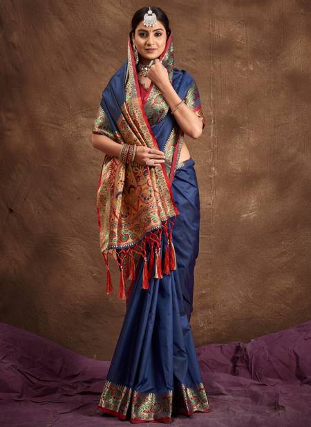 Blue Colour Mayuri Silk By Sangam 1001 To 1006 Banarasi Silk Sarees Catalog 1005