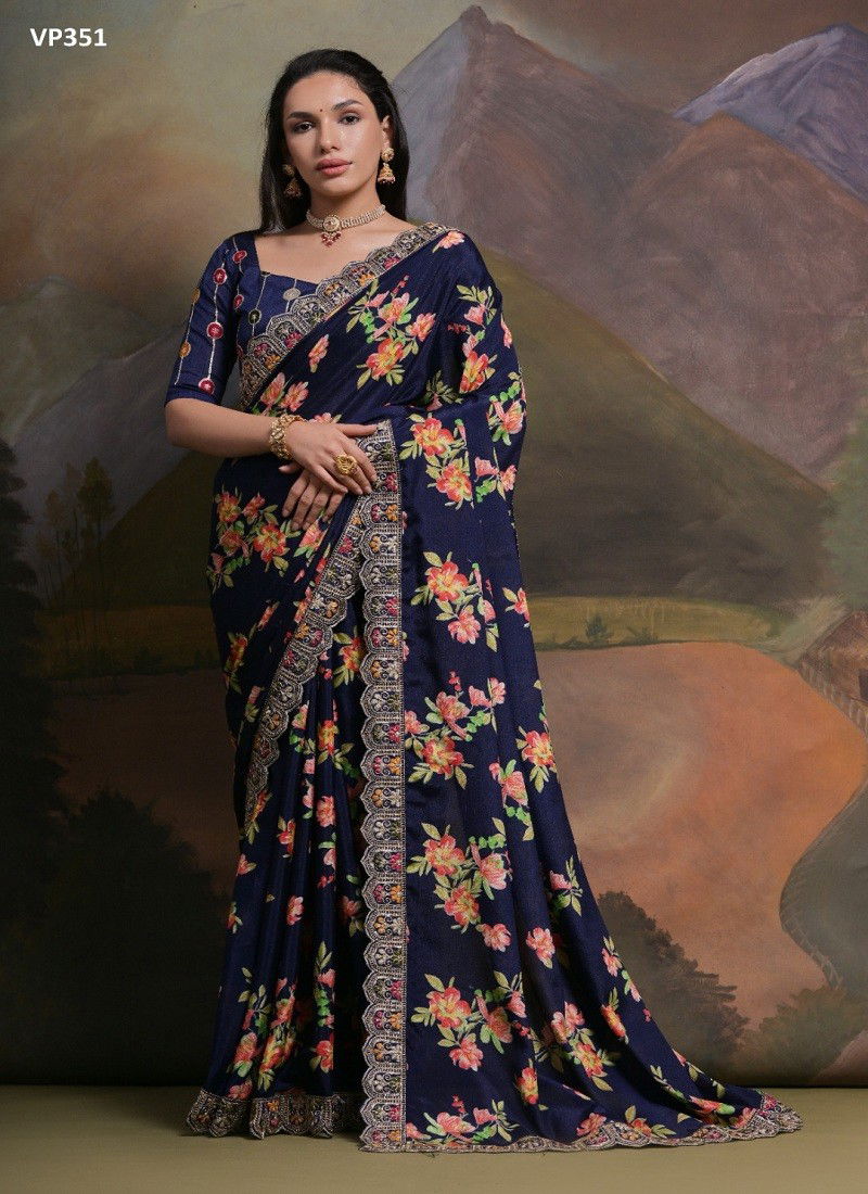 Blue Colour Myra By Fashion Berry Chinon Floral Printed Saree Wholesale Shop In Surat VP351