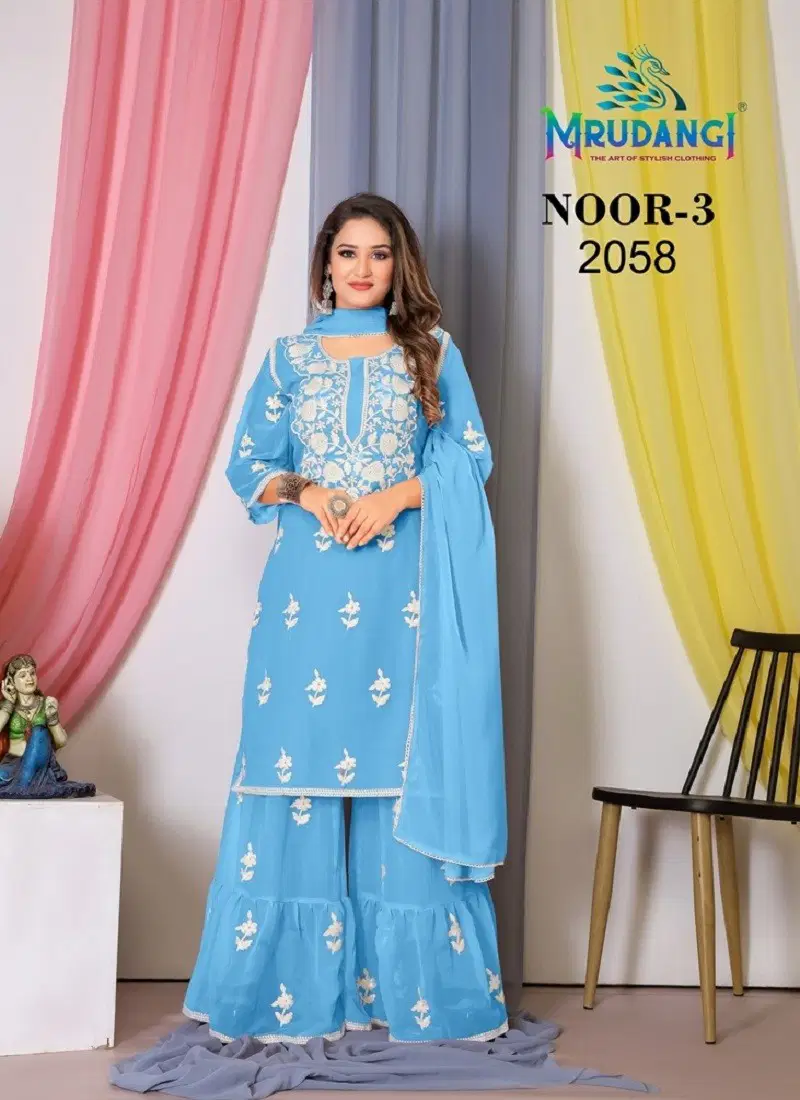 Blue Colour Noor 3 By Mrudangi Georgette Sharara Suits Exporters In India 2058