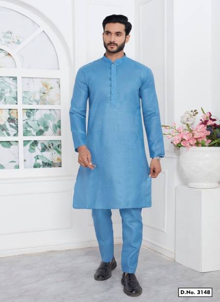 Blue Colour Occasion Mens Wear Premium Linen Cotton Designer Kurta Pajama Wholesale Online 3148