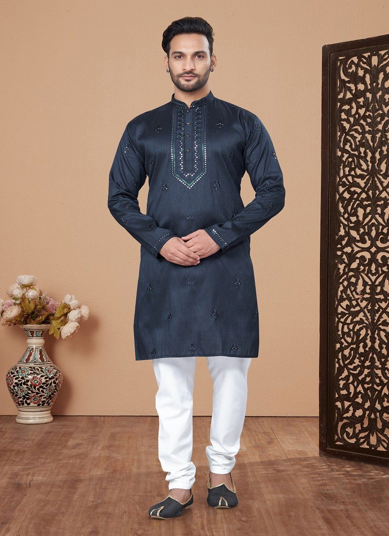 Blue Colour Outluk Vol 131 Silk Embroidery Mens Wholesale Kurta Pajama Manufacturers 131010