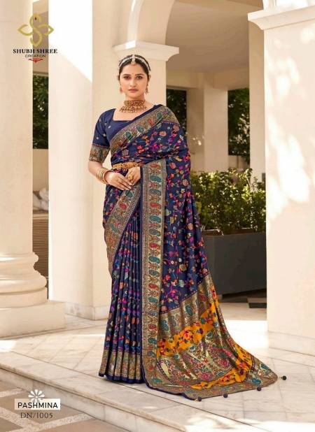 Blue Colour Pashmina By Shubh Shree Velvet Tussar Silk Designer Saree Catalog 1005