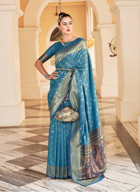 Blue Colour Raaga Silk 129001 To 129006 By Rajpath Printed Sarees Catalog 129001