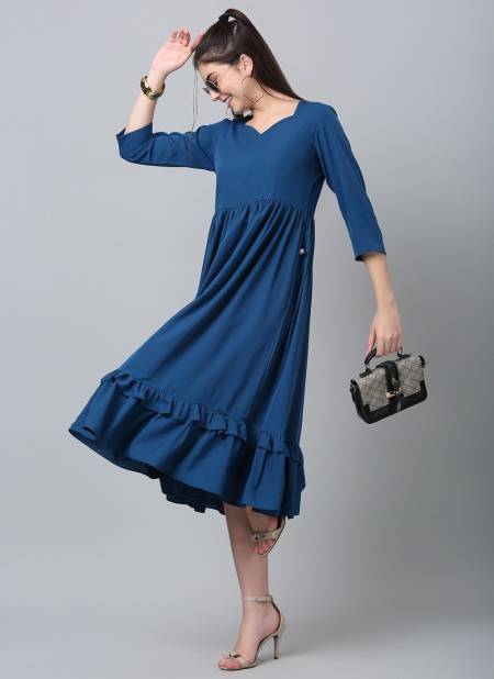 Blue Colour Raisin American Crepe Party Wear Western Midi Dress Catalog OLRF0028