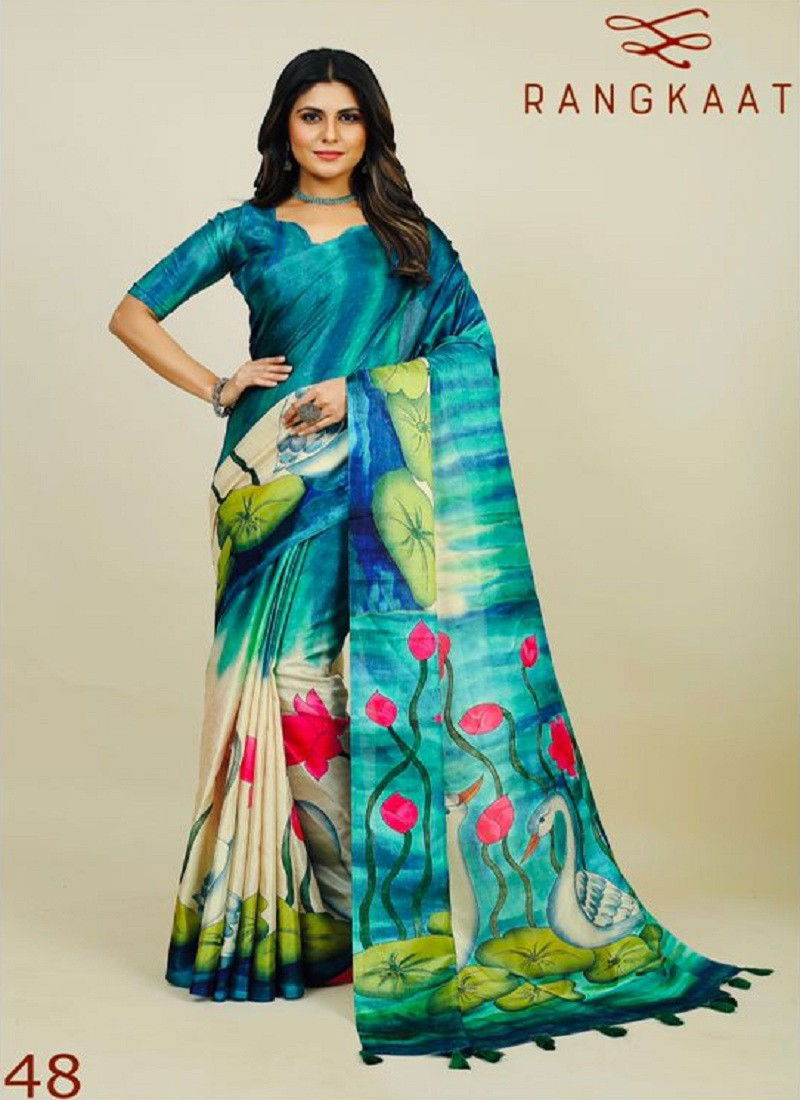 Blue Colour Rangkaat 44 To 49 Tusser Silk Printed Wholesale Saree Suppliers In Mumbai 48