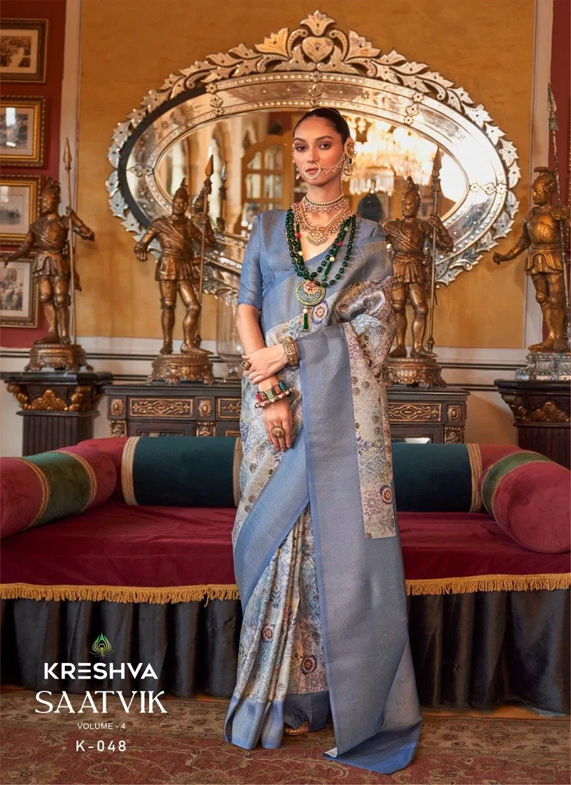 Blue Colour Saatvik Vol 4 By Kreshva Tusser Silk Digital Printed Saree Orders In India K-048