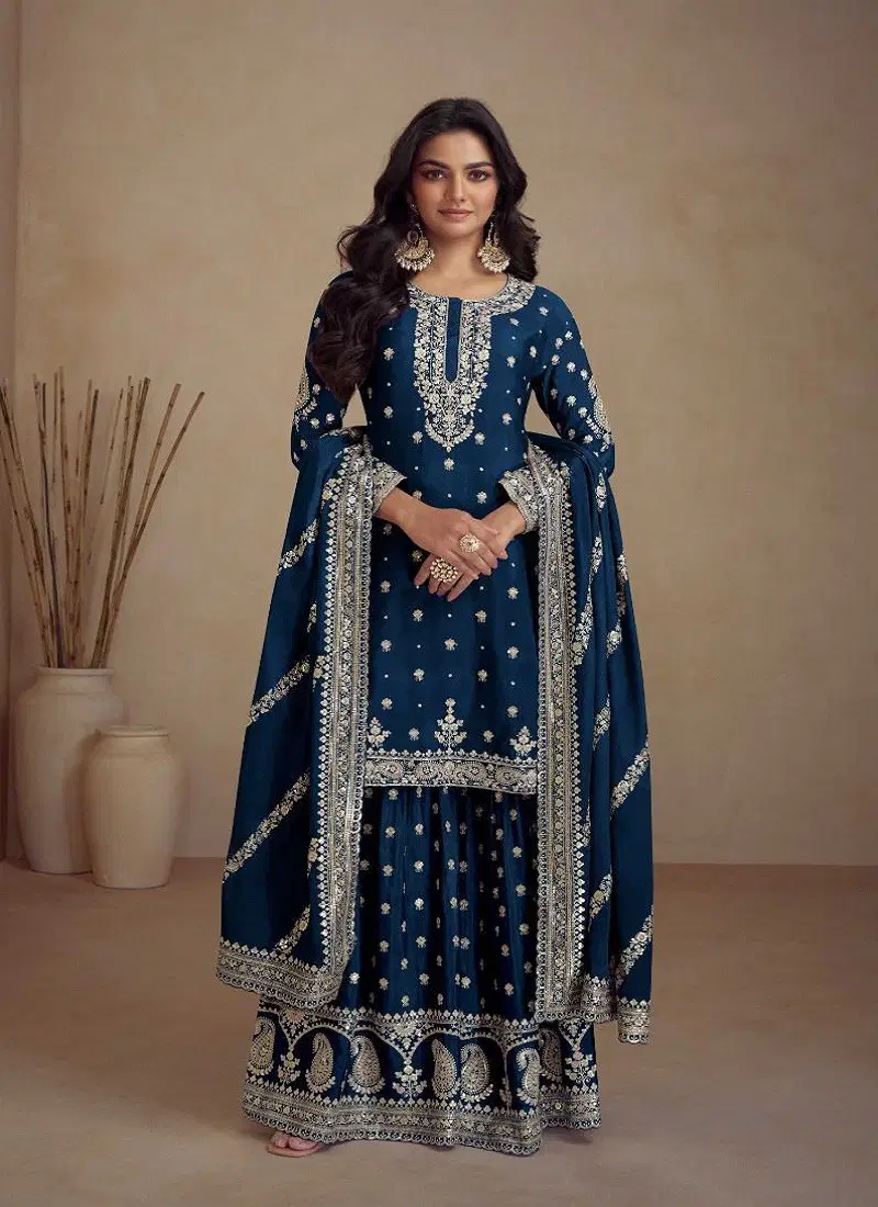 Blue Colour Sadaf By Gulkayra Real Chinon Plazoo Readymade Suits Supplier In India 7466-D