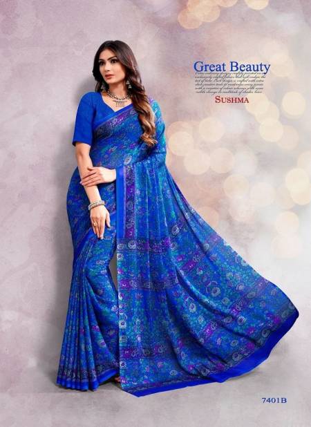 Blue Colour Smart By Sushma Chiffon Printed Daily Wear Saree Wholesale Market In Surat 7401 B