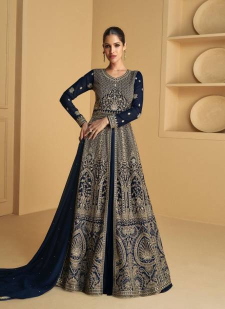 Blue Colour Tareef By Aashirwad Pure Georgette Wholesale Gown With Dupatta Suppliers In Mumbai 9973