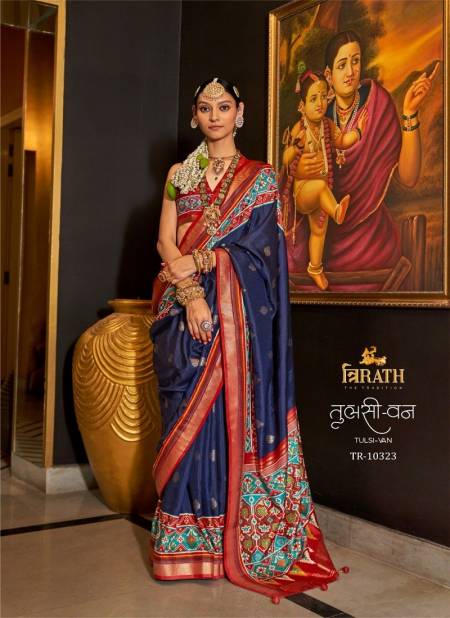 Blue Colour Tulsi-Van By Trirath Mercerized Sigma Silk Printed Saree Exporters In India 10323