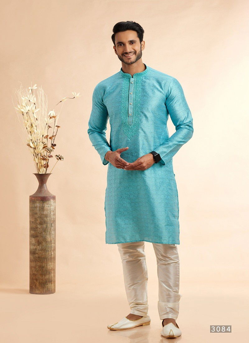 Blue Colour Vol 93 Occasion Wear Jaquard Art Silk Mens Kurta Pajama Wholesale Online 3084