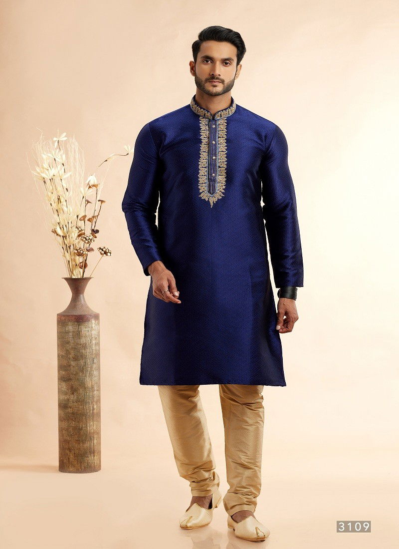 Blue Colour Vol 94 Function Wear Jaquard Art Silk Mens Kurta Pajama Orders In India 3109