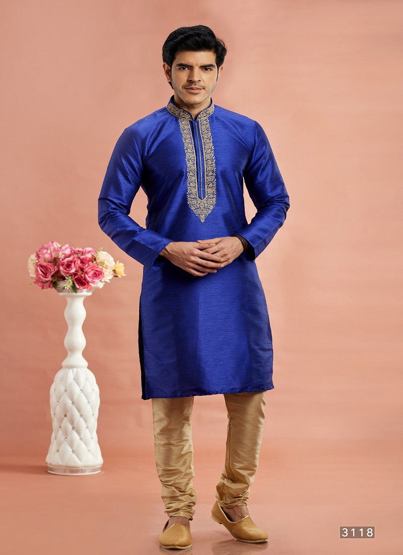 Blue Colour Vol 95 Wedding Wear Banarasi Art Silk Mens Kurta Pajama Surat Wholesale Market 3118