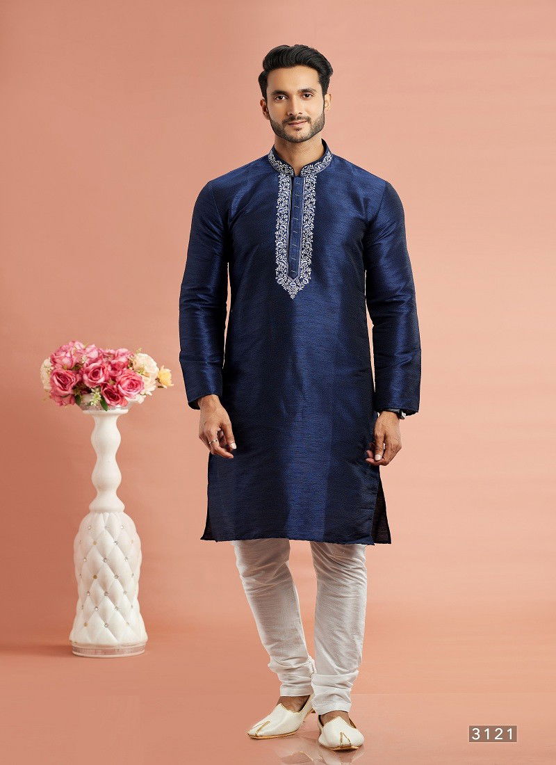 Blue Colour Vol 95 Wedding Wear Banarasi Art Silk Mens Kurta Pajama Surat Wholesale Market 3121