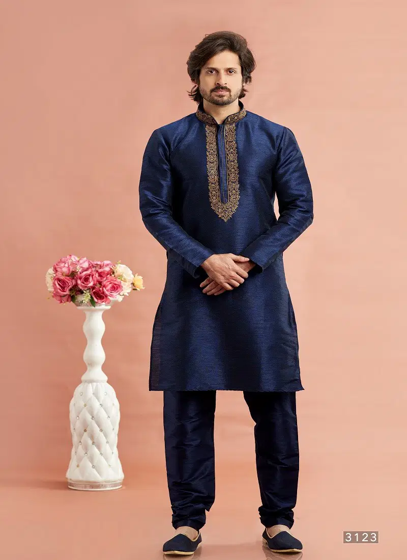 Blue Colour Vol 95 Wedding Wear Banarasi Art Silk Mens Kurta Pajama Surat Wholesale Market 3123