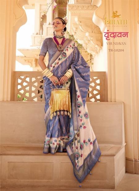 Blue Colour Vrundavan By Trirath Pv Silk Flower Foil Printed Saree Wholesale Shop In Surat TR-10204