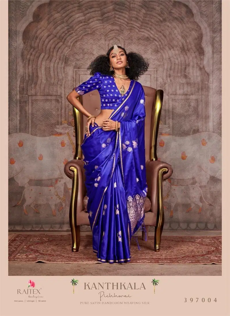 Blue Colour kanthkala Pichhwai By Rajtex Satin Handloom Saree Suppliers In India 397002