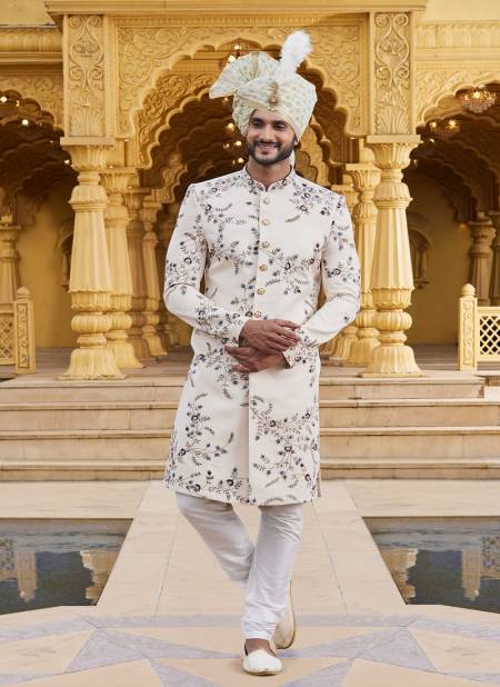 Blue Cream Colour Wedding Wear Mens Sherwani Catalog 2621