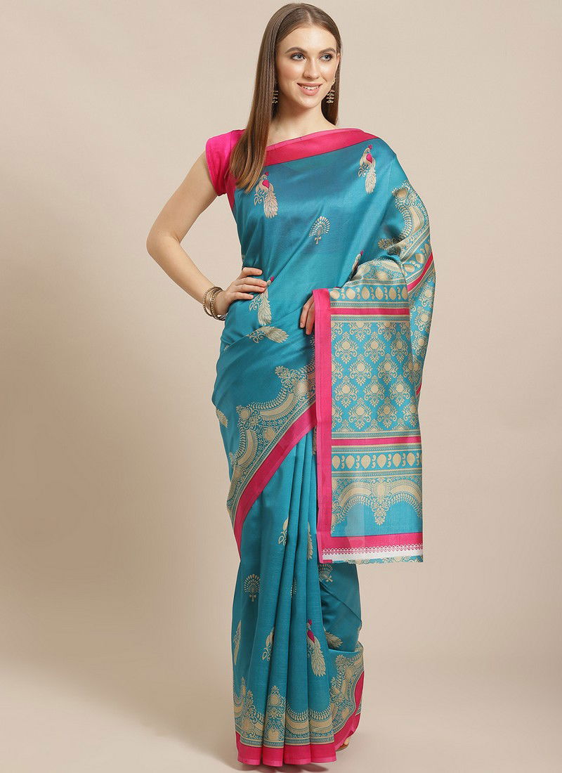 Blue Daily Wear Pinted Bhagalpuri Saree 100