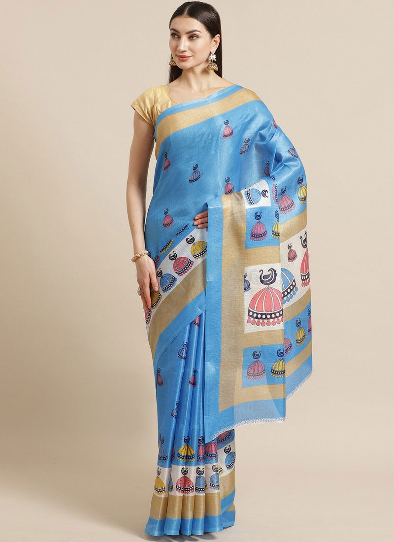 Blue Daily Wear Pinted Bhagalpuri Saree 85