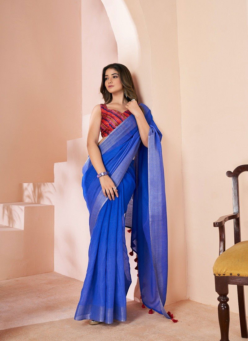 Blue Grassy By Sr Linen Printed Daily Wear Saree Wholesale Price In Surat