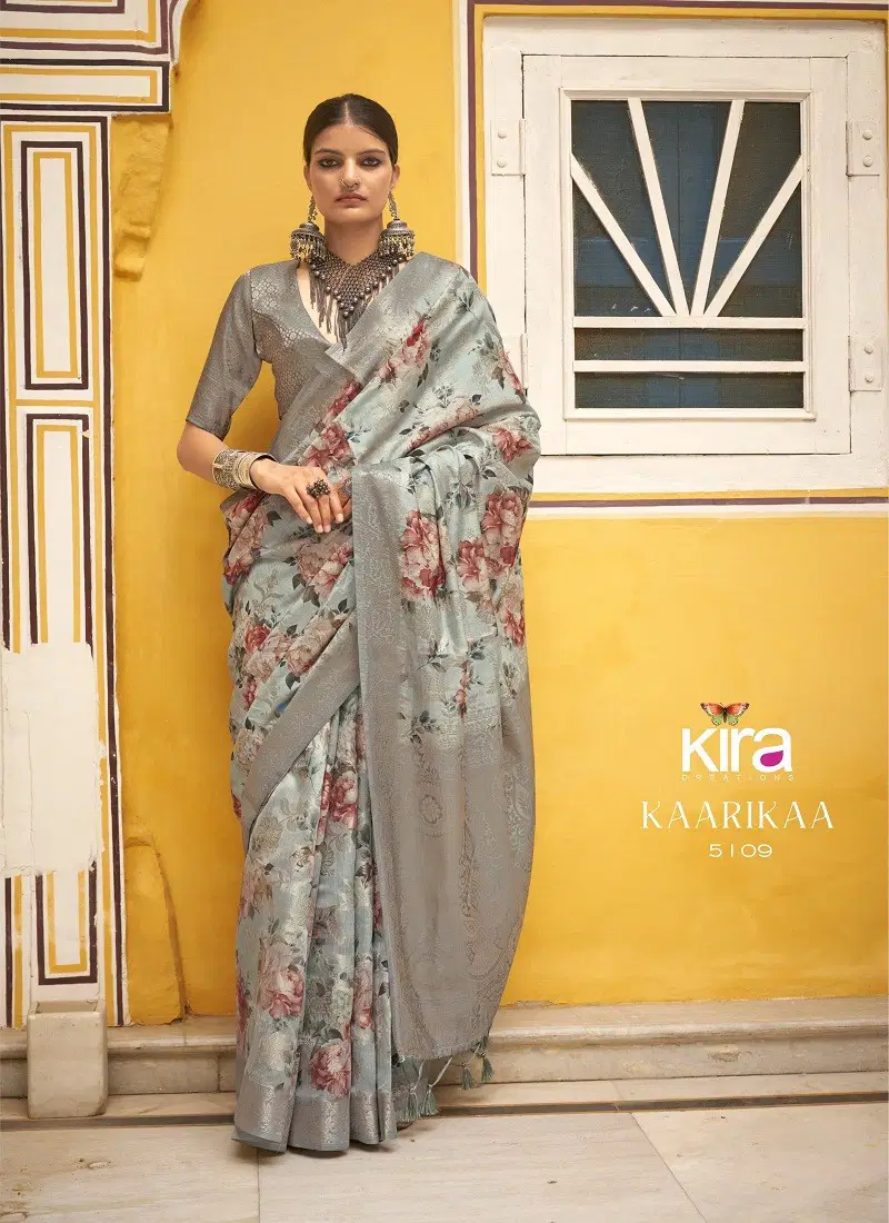 Blue Grey Colour Kaarika By Kira Soft Cotton Silk Printed Saree Orders In India 5109