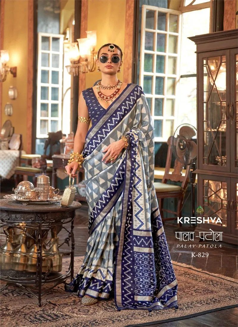 Blue Grey Colour Palav Patola By Kreshva Pv Silk Designer Saree Suppliers In India K 829