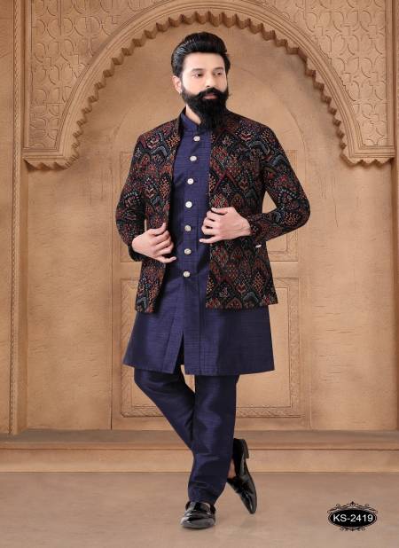 Blue Multi Colour 1632 Occasion Wear Mens Silk Designer Modi Jacket Kurta Pajama Orders In India 1632-KS 2419