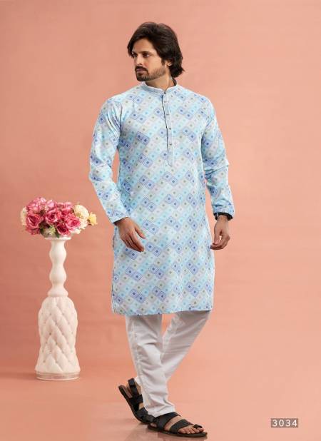 Blue Multi Colour Function Mens Wear Printed Cotton Stright Kurta Pajama Suppliers In India 3034