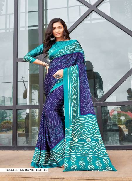 Blue Multi Colour Gajji Silk Bandhej By Girnar Fashion Daily Wear Saree Exporters In India 102