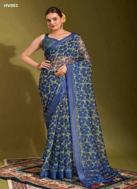 Blue Multi Colour Linen Jumka Vol 2 By Fashion Berry Printed Sarees Exporters In India HV003