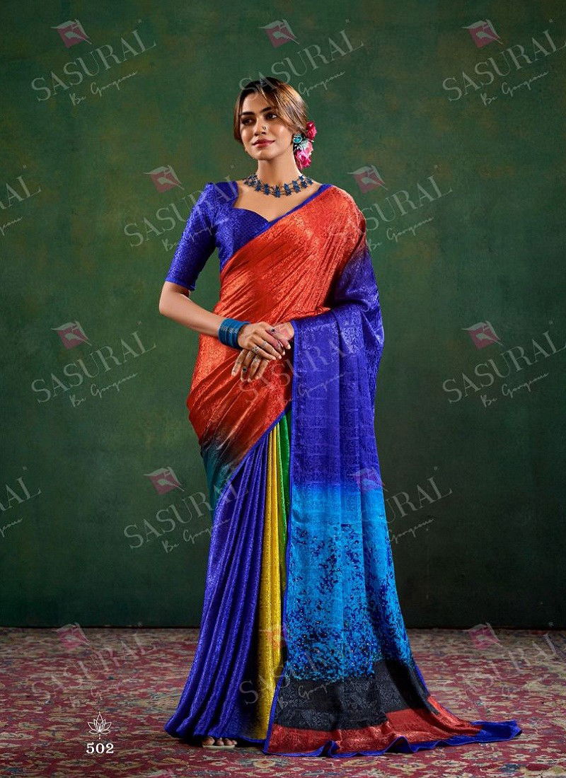 Blue Multi Colour Sophia By Sasural Digital Printed Crape Jacquard Saree Exporters In India 502