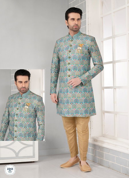Blue Multi Colour Wedding Wears Art Embroidered Slik Kurta Pajama Suppliers In Mumbai 2243