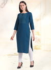 Blue Designer Simple Straight Cut schiffli work Heavy Rayon Daily wear Kurtis 1097