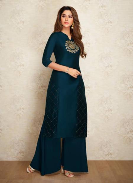 Blue Silk Designer Embroidery Work Pretty Party Wear Kurtis With Palazzo 408 Catalog