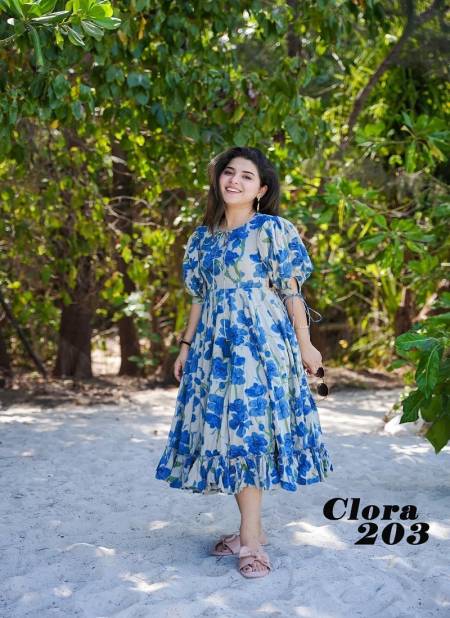 Blue White Colour Clora vol 2 By Lucaya Beautiful Printed Flair Rayon Ladies One Piece Western Dress Manufacturers Clora 203