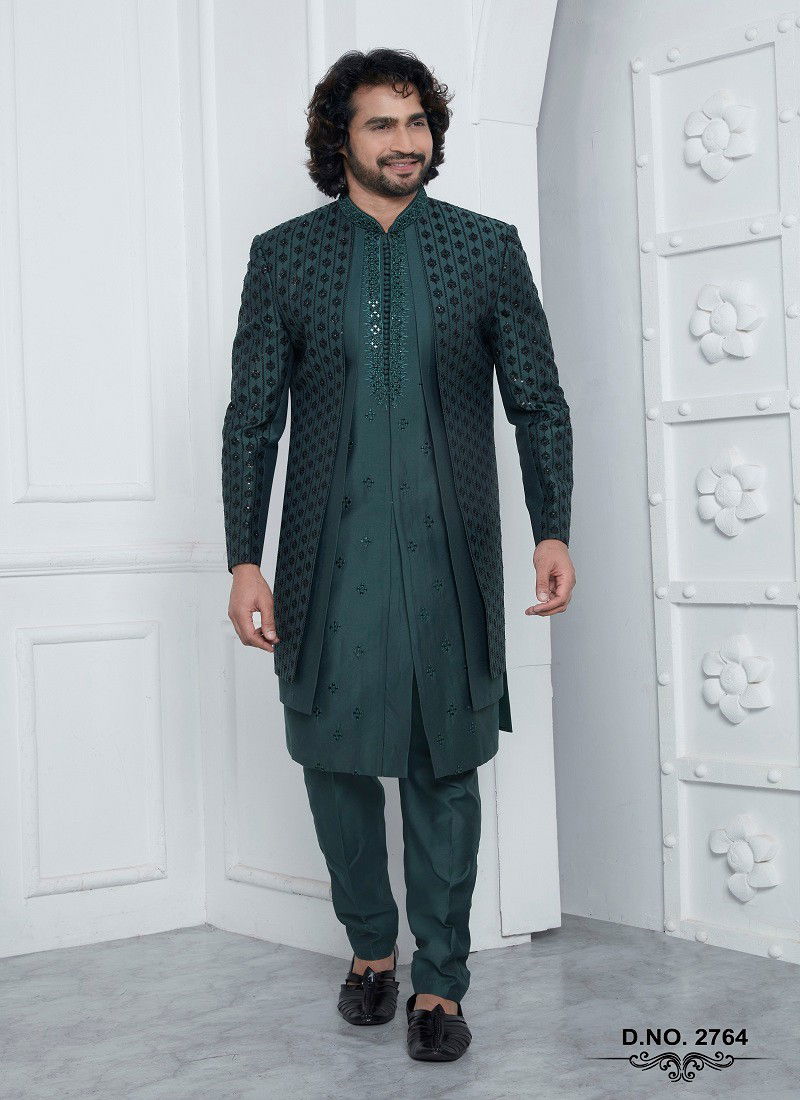 Bottle Green Colour 1641 Party Wear Indo Western Mens Jacket Set Exporters In India 2764