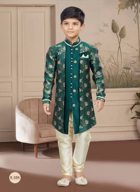 Bottle Green Colour Kids Vol 4 Boys Wear Kurta Pajama And Indo Western Catalog K 594